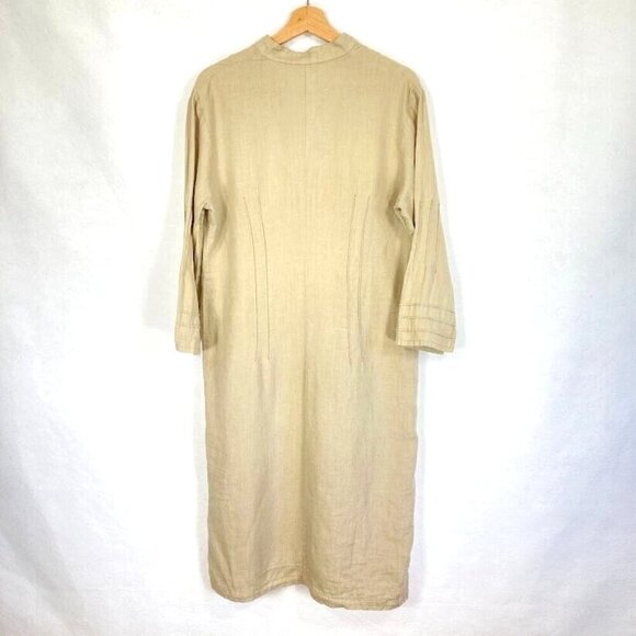 Rivieres de Lune 3/4 Sleeve Open Cuff 100% Linen Midi Dress Light Beige - Picture 7 of 10